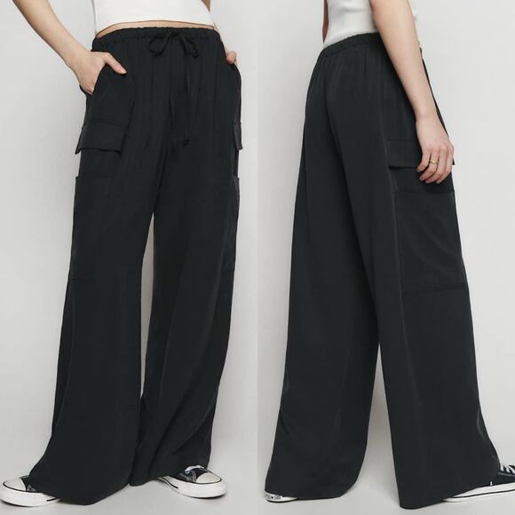 Reformation Ethan Twill Pant Wide Leg Trousers Cargo Drawstring Black XSP - Picture 1 of 5